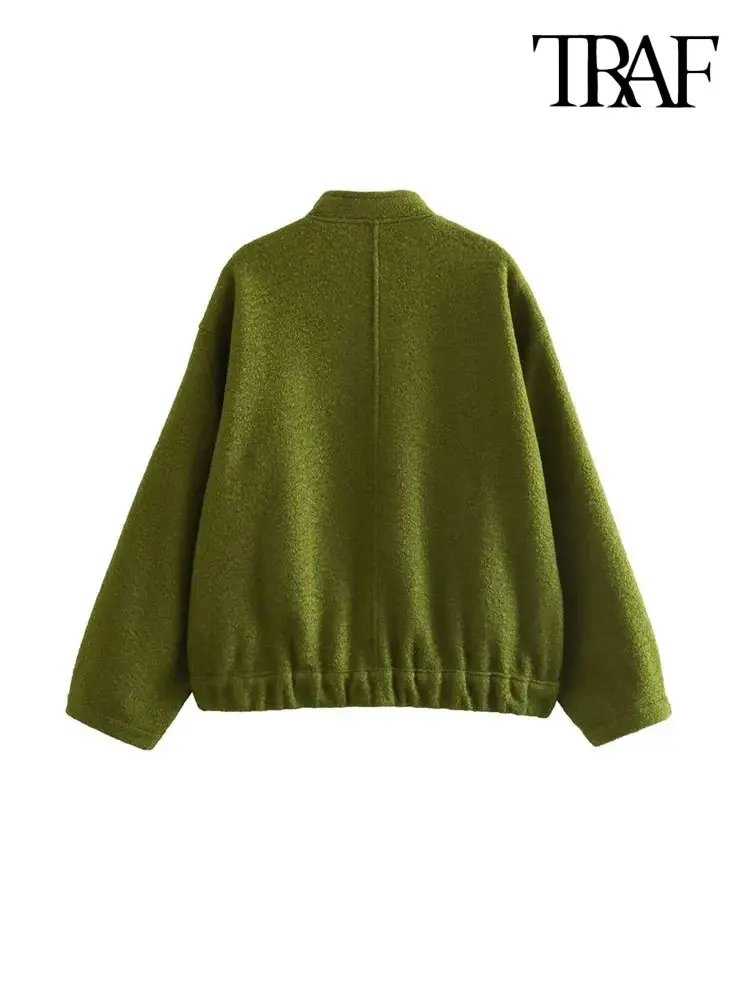 TRAF Women Fashion With Pockets Oversized Bomber Jacket Coat Vintage Long Sleeve Snap Button Female Outerwear Chic Tops 6
