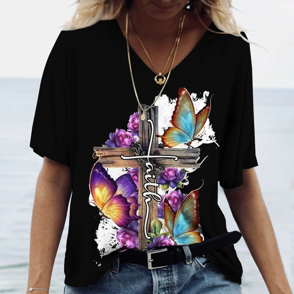 Gesù Cristo T-shirt da donna con scollo a V in cotone Pullover Haruku Abbigliamento Estate Camicia a maniche corte oversize Donna Casual801_voghion.com