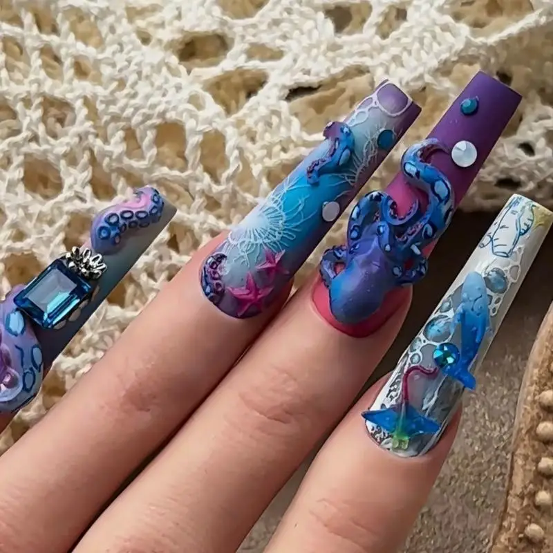 3D 네일 몰드 딥 씨 블루 링 문어 스탬핑 스텐실 UV 젤 폴리쉬 아트 몰드 실리콘 조각 도구 DIY 디자인 네일 참