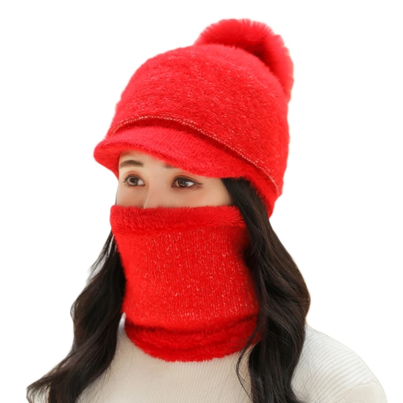 새로운 스타일 여성 겨울 2Pcs 세트 바이저 비니 모자 스카프 니트 플러시 줄 지어 Skullies 야구 모자 Windproof 목