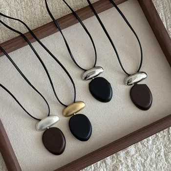 FTCY Vintage Wooden Oval Pendant Necklace for Women Minimalist Matte Metal Block Adjustable Leather Rope Sweater Chain Jewelry
