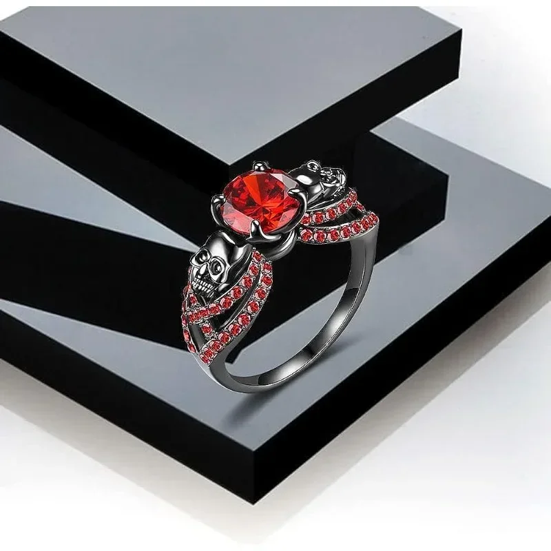Gothic Black Ring Red Crystal Vampire Double Skull Rings  for Women Party Wedding Jewelry