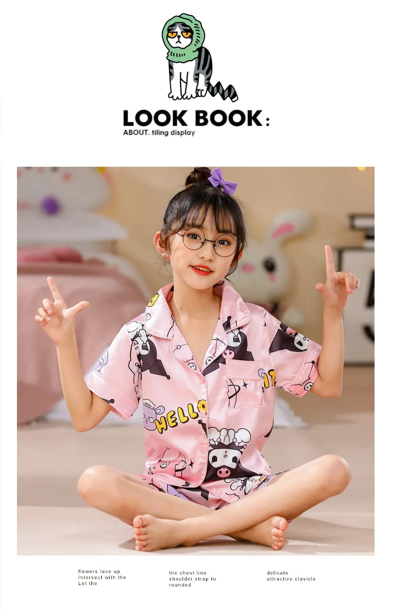 Girls Ice Silk Pajamas Set Children's Sanrio Hello Kitty Cartoon Turn-down Collar Short Sleeve Top + Shorts 2Pcs Kids Nightwear