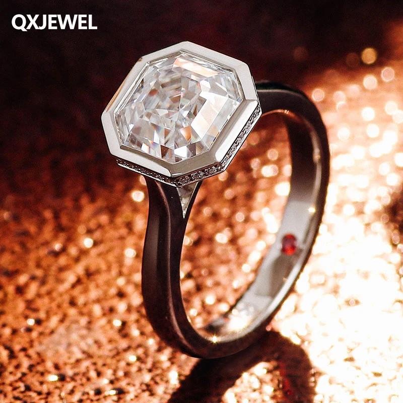 

QXJEWEL 10K White Gold 3CT Princess Cut Moissanite Ring Bezel Setting Plain Band With Halo For Women Engagement Gift