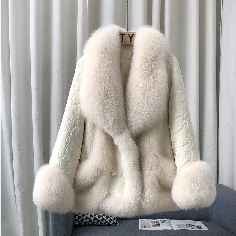 

Luxury huge genuine fox fur collar white goose down coat for women 2023 new winter warm fur parkas abrigos invierno niña WL03