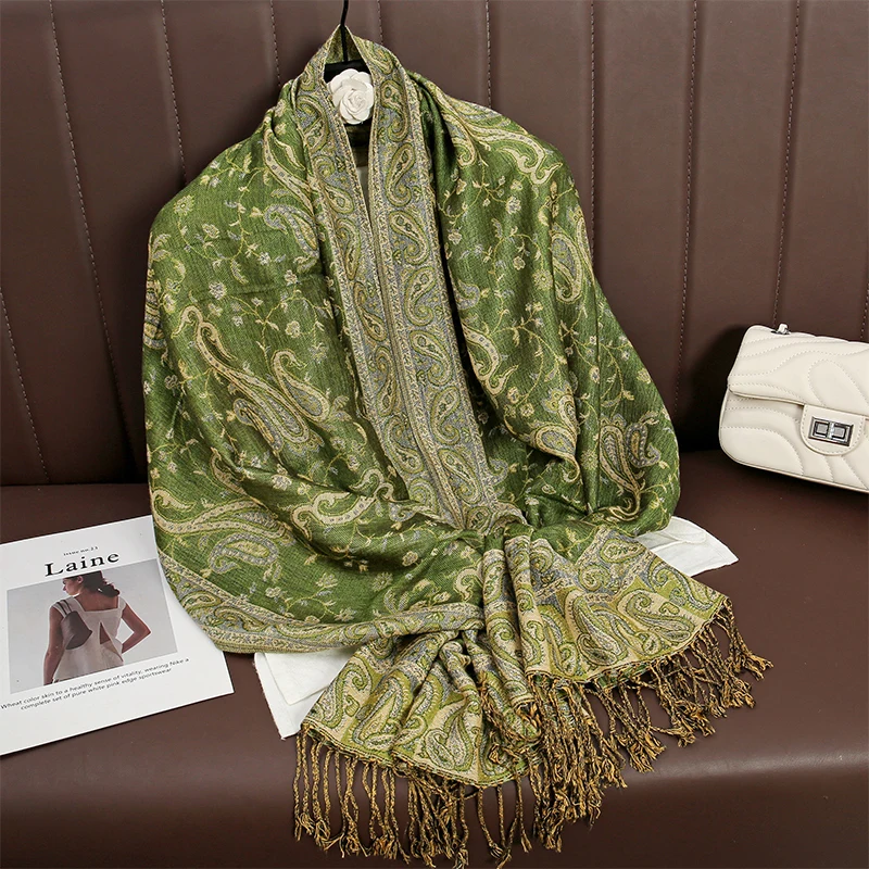 Women National Style Flower Pattern Scarf Jacquard Pashmina Cashmere Tassel Classic Shawl Coldproof Warm Neck Protection 4