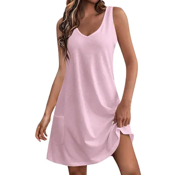 2024 Summer Women Vest Dress Cotton V-Neck Sleeveless Solid Midi Dress Stitching Large Swing dresses Loose Sundress Vestidos 1