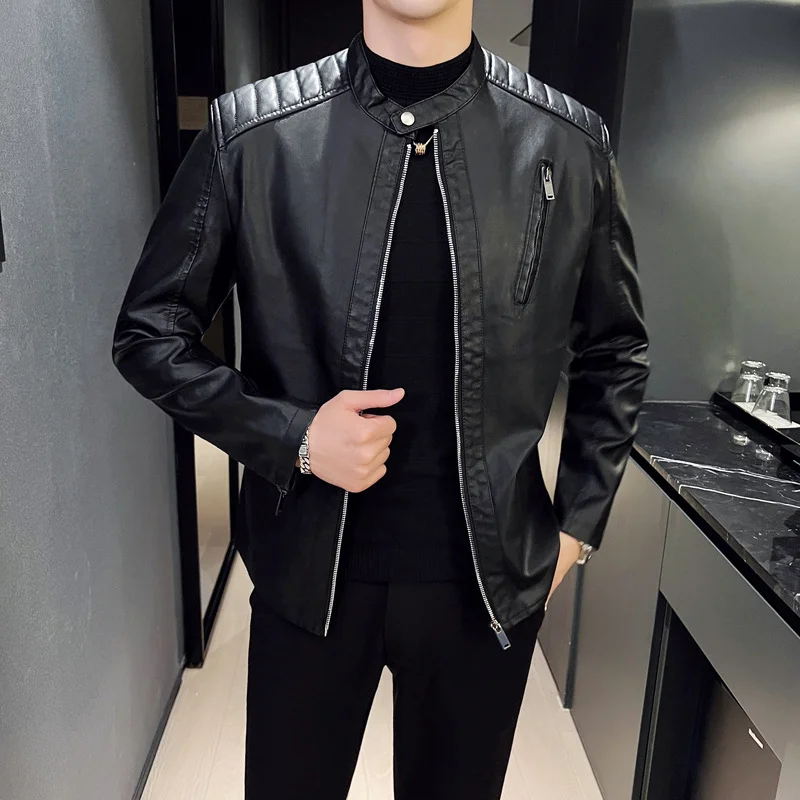 Herbst und Winter neue Herren Biker Lederjacke dünne Strickjacke langärmelige schlanke schöne Mode einzigartige Reißverschluss Manschette Design_voghion.com