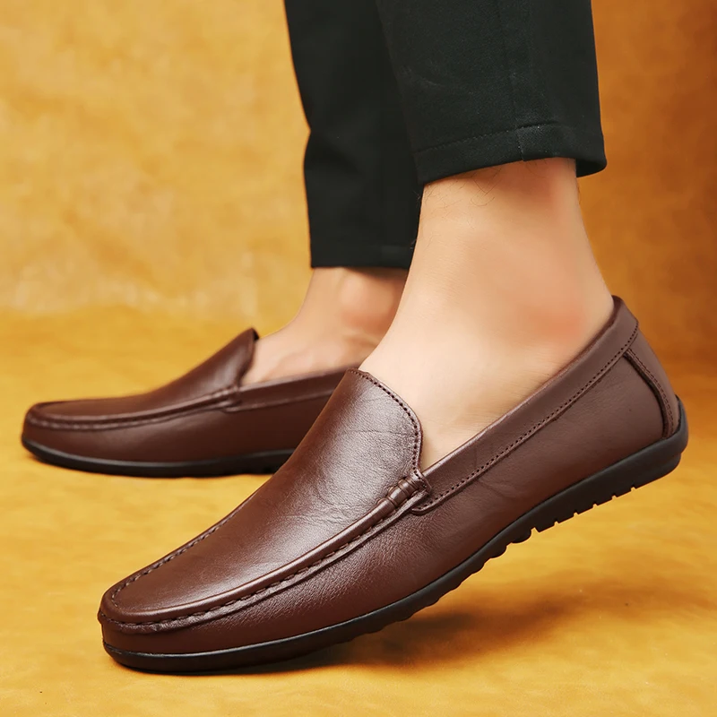 Spring Genuine Leather Men's Loafers Handmade Moccasins Casual Shoes Soft Sole Mens Business Flat Brown Minimalist Leather Shoes leather shoes
