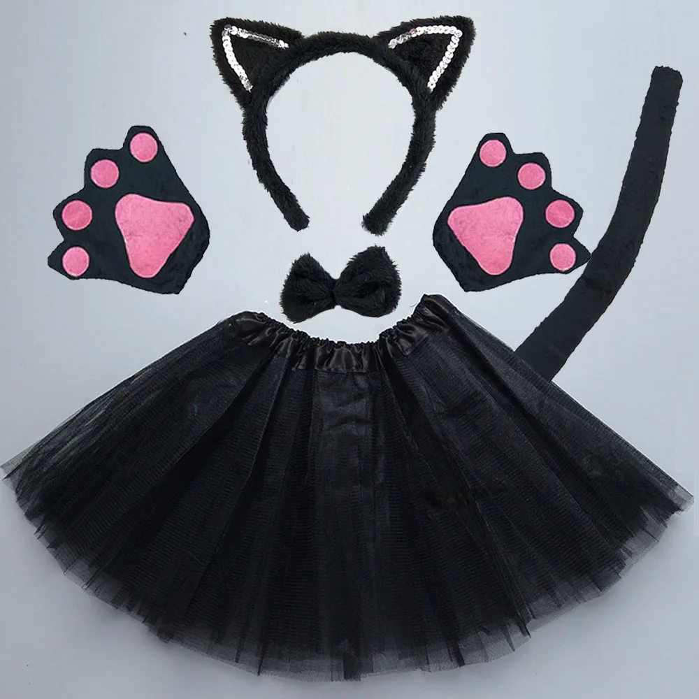 Cosplay Costume Kids Party Cat Ear Headband Hairband Gloves Performance Stage Dance Wear Set Clothes Halloween