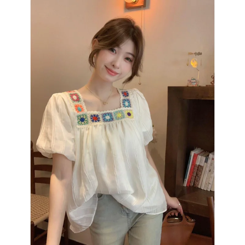 여성용 스퀘어 칼라 반팔 쉬폰 셔츠, 심플하고 루즈한, 스위트 자수, 단색, 캐주얼, 우아한 상의, 여름