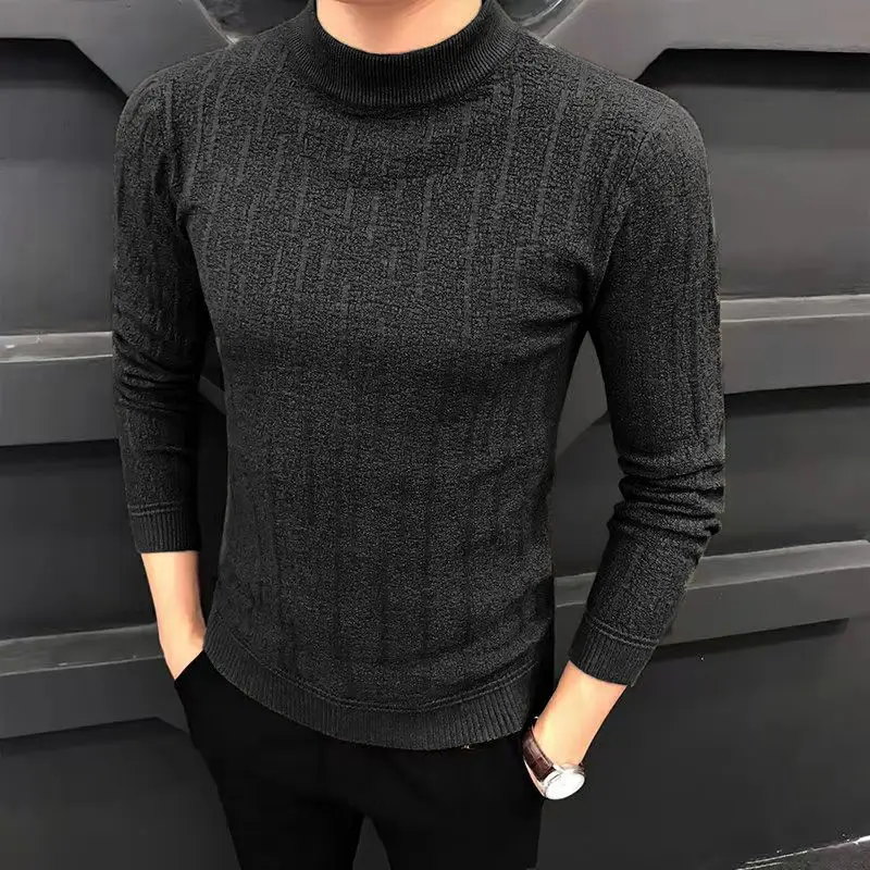 Autumn Winter Half High Collar Screw Thread Men's Clothing Solid Color Pullover Sweater Knitted Casual Fashion Preppy Style Tops 2