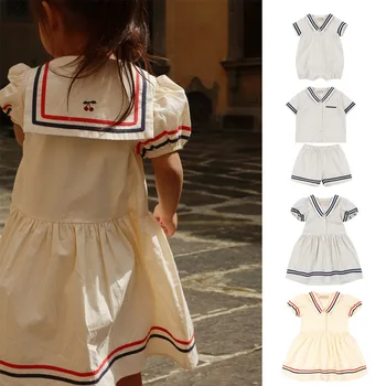 Set Estivo per Bambini 26 Nuovi Completi per Bambini Serie Stile Marinaio KS Camicia a Righe e Pantaloncini per Ragazzi Set Tutina per Neonati Vestito per Bambine