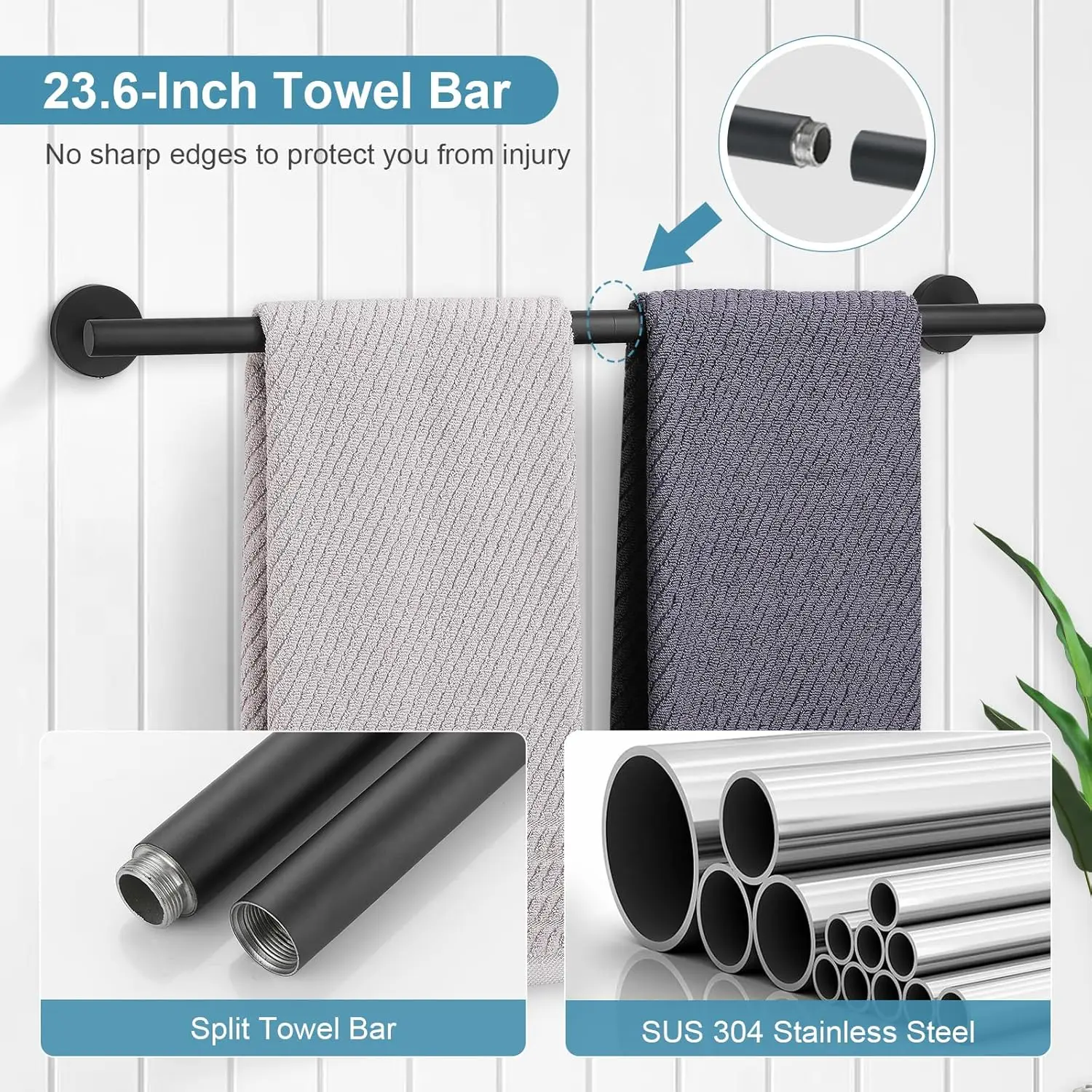 Matte Black Bathroom Hardware Set. 10-Pieces. SUS304 Stainless Steel. 23.6" Round Towel Bar, Racks. Wall Mounted.