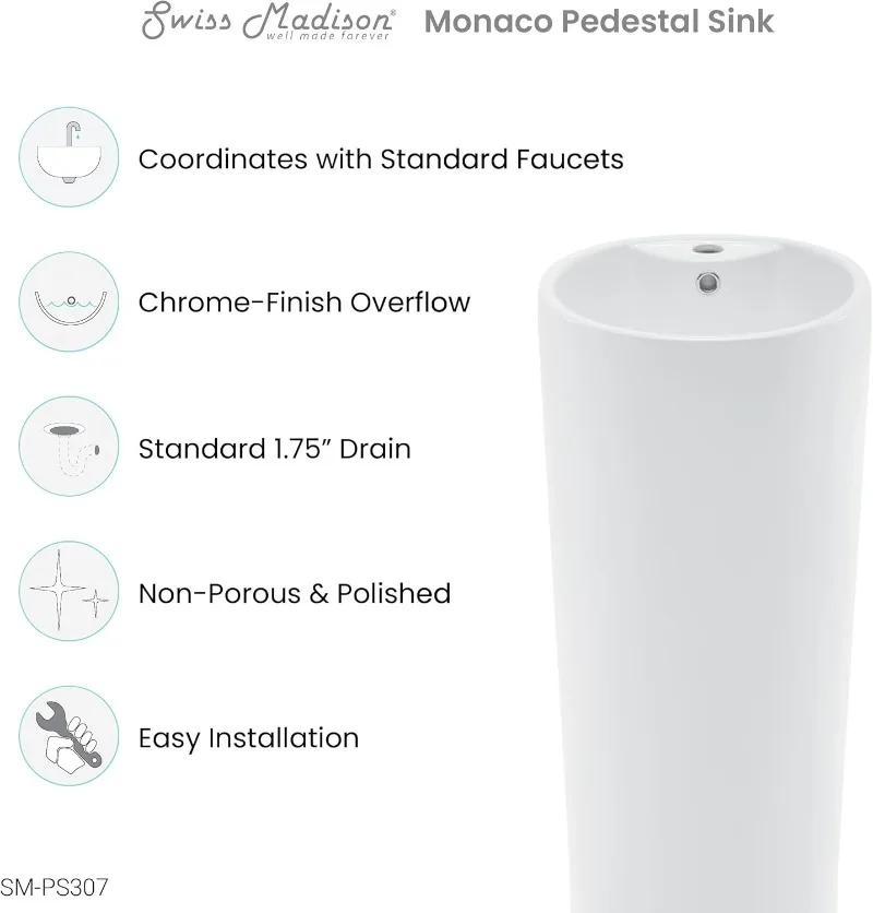 Well Made Forever Monaco Pedestal Sink Glossy White High Gloss finish protects the sink from scratches and stains 3