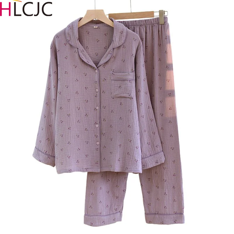 

2023 Soft Loose Pajama Set Casual Long Sleeve Pijamas Suit Cotton Crepe Cherry Print Women Pajamas Thin Sleepwaer Pyjamas Femme