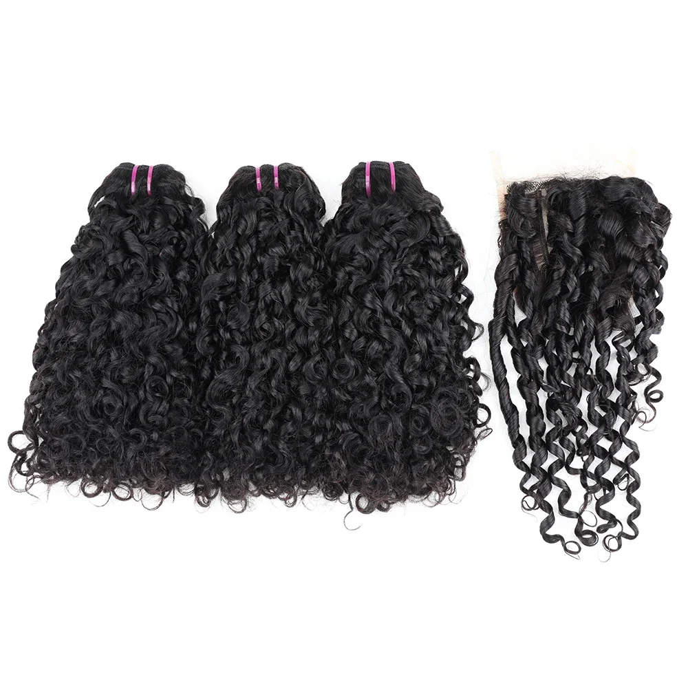 

Double Drawn Pixie Curl Hair Bundles with Closure Brazilian Bouncy Curl Virgin Human Raw Hair Bundle Extensions 4x4 Lace Closure