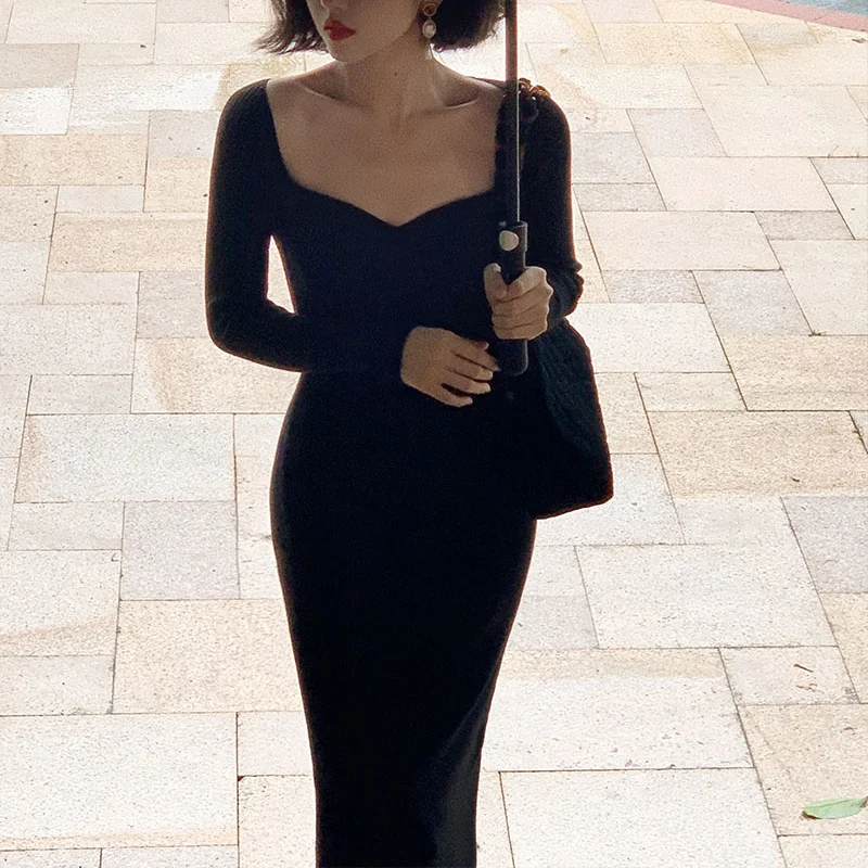 

New Women Winter Sexy Strapless Ribbed Knitted Bodycon Dress Long Sleeve Midi Sweater Dress Clothes Dresses for Women