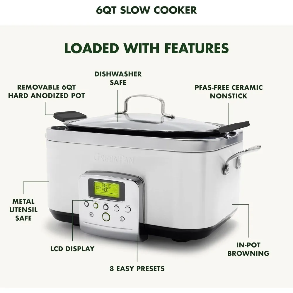 Elite 8-in -1 Programmable 6QT Electric Slow Cooker, Dishwasher Safe Lid & Removable Crock, PFAS-Free Healthy Ceramic Nonstick