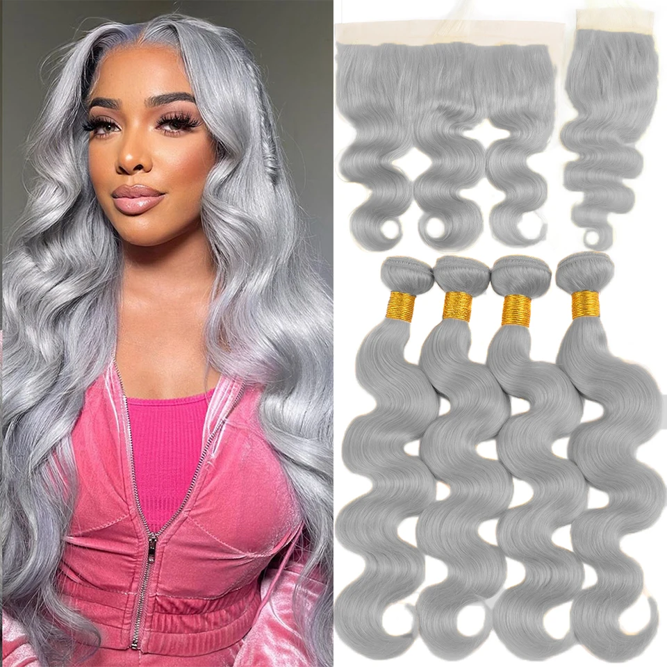 Silver Grey Colored Virgin Human Hair Body Wave Bundles With Closure And Frontal 3/4 Bundles with Closure Human Hair Bundles