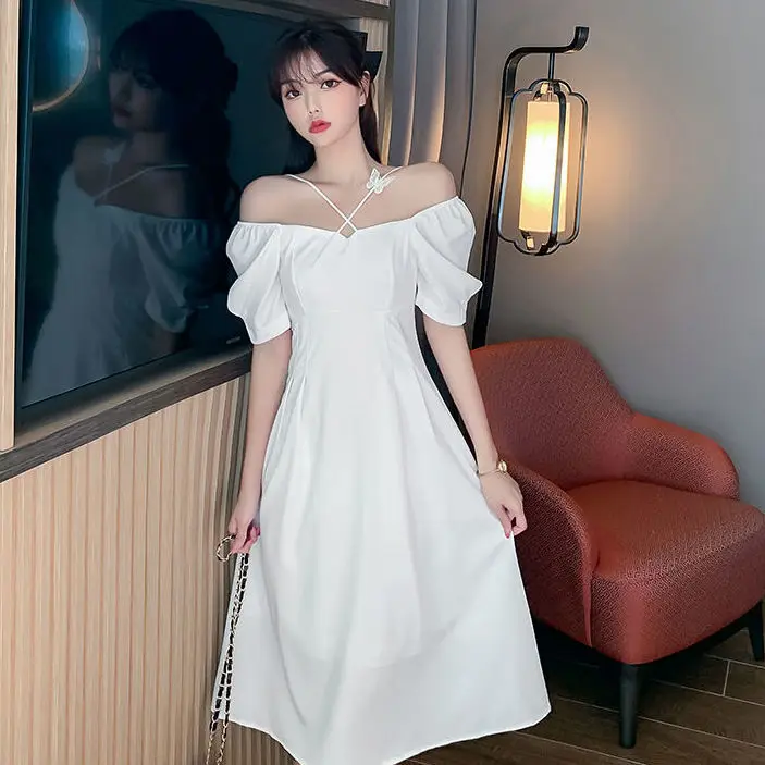 

Bow Cross Strap Square Neck Waist Dress White Puff Sleeve Dress