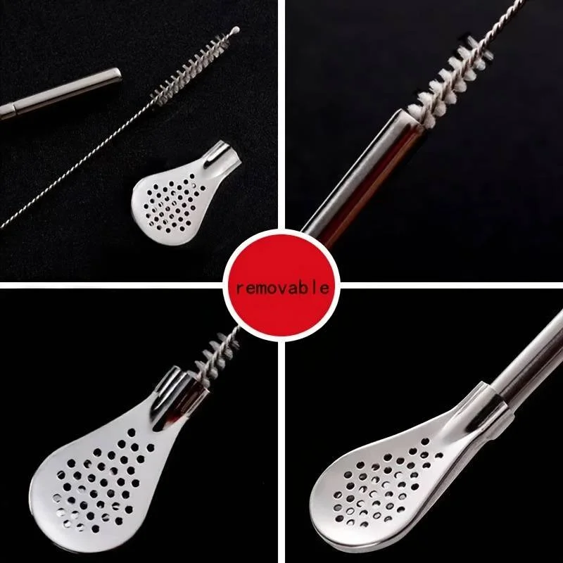 Stainless Steel Straw Spoon with Cleaning Brush - Multi-Use Metal Stirrer