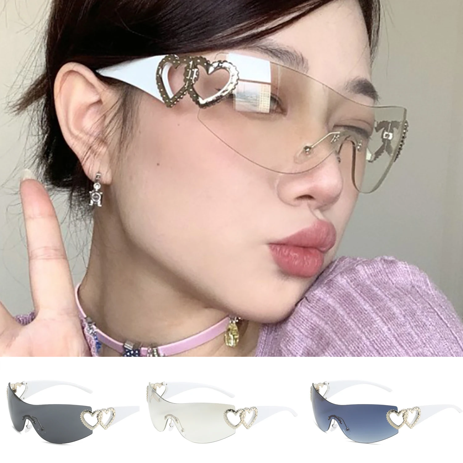 

Новые модные цельные полые Солнцезащитные очки Y2K без оправы в форме сердца острые спортивные солнцезащитные очки для девочек в европейском и американском стиле