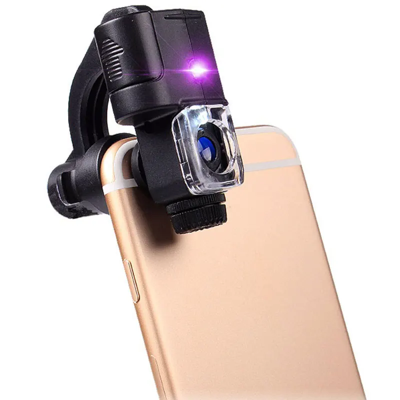 A 60X Clip-On Phone Microscope Pocket Magnifier Microscope Loupe Micro Magnifier with Illuminated LED/UV Lights for Jewels Watches Coins Staps Universal Phone Camera Lens Magnifying with LED Light 