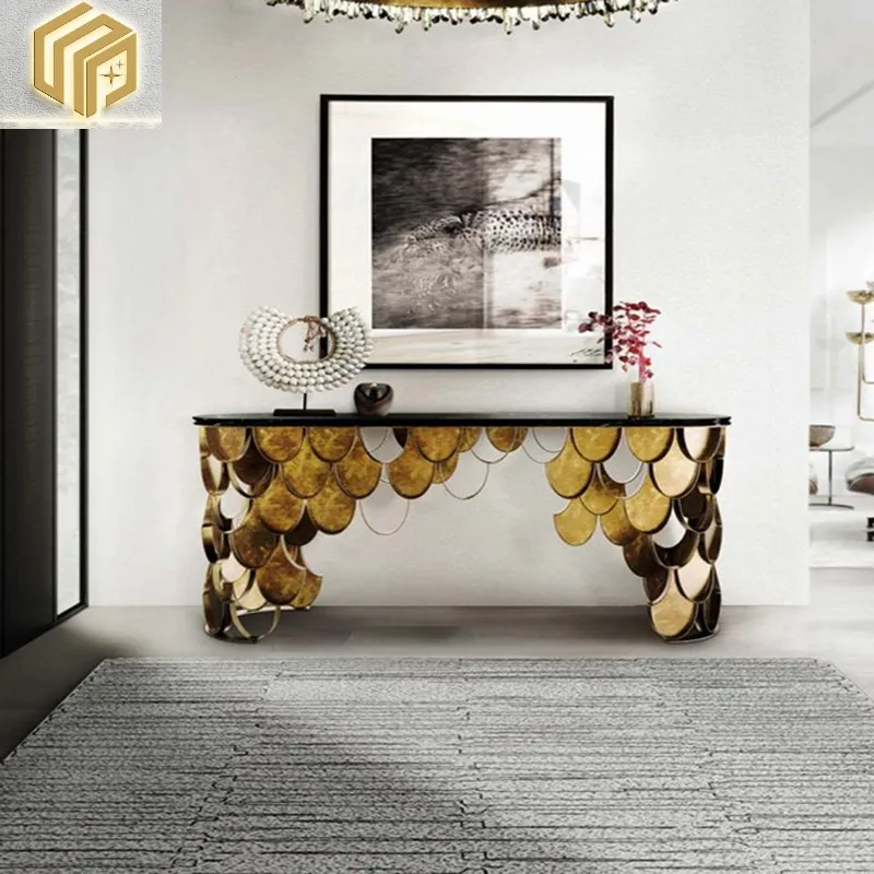 

Modern living room, stainless steel porch table, marble back, porch platform, simple corridor, end view TV cabinet