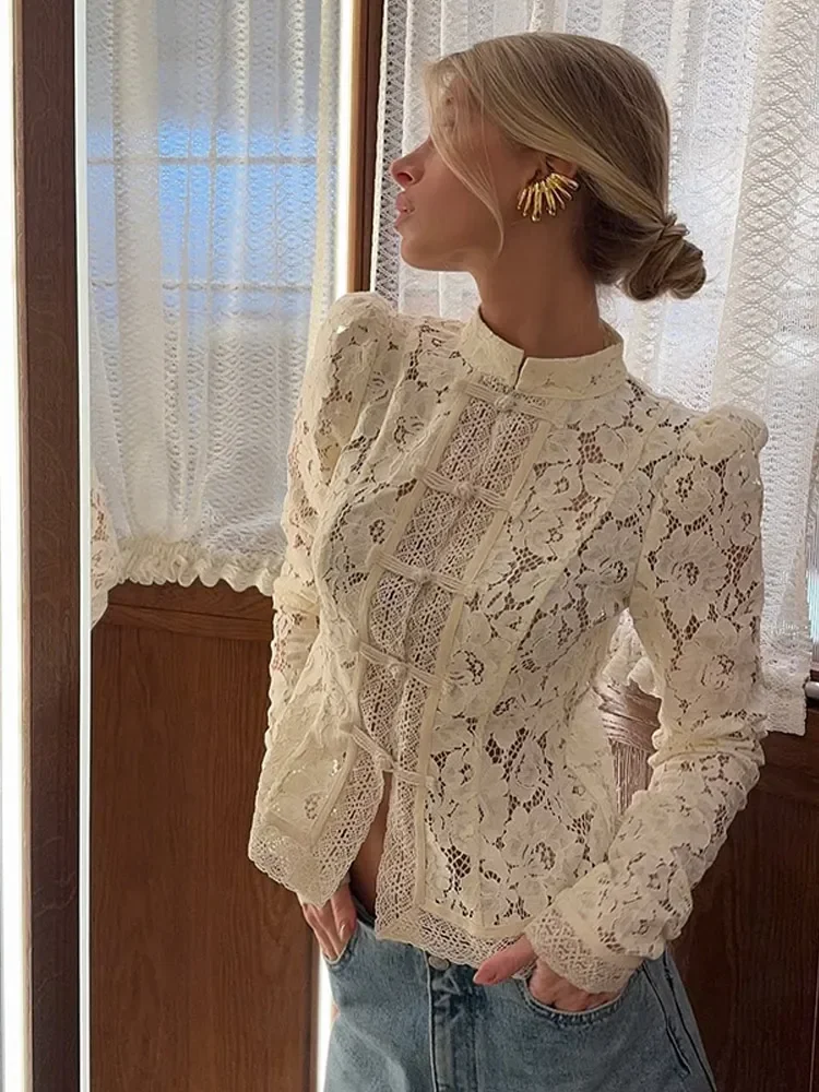 Hollow Out Lace Knit Blouses Vintage Button Design Stand Neck Full Sleeve Slim Shirt 2025 Lady New Summer Commuting Sexy Top