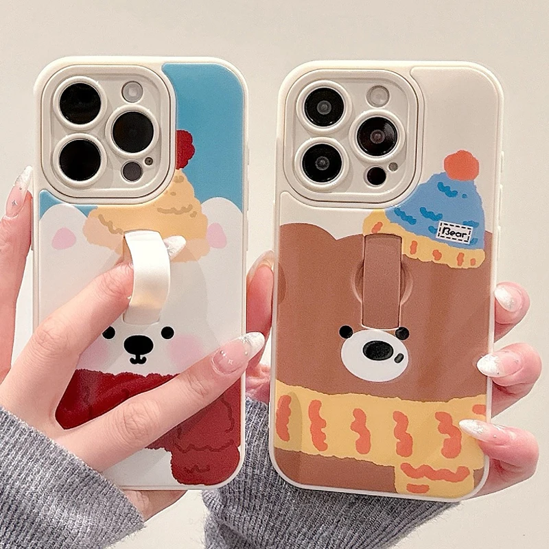 Cartoon Cute Bear Dog Ring Holder Phone Case For iPhone 16 15 13 14 Pro Max TPU Back Cover With Bracket