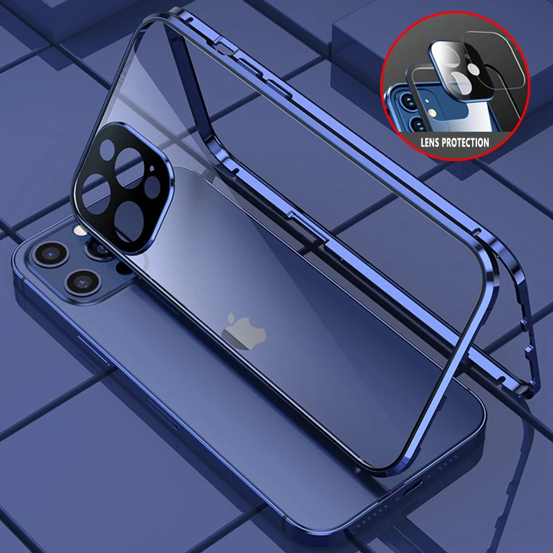 

360° Magnetic Case For iPhone 15 14 13 12 11 Pro Plus Max Case Metal Bumper Tempered Glass Cover With Camera Lens Protector Case