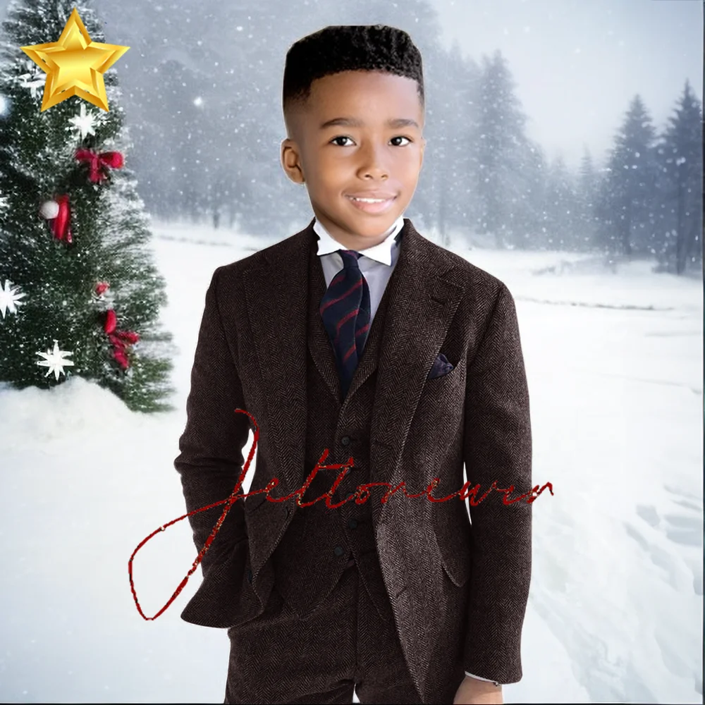 Gray Wool Tweed Winter Boy Suit's For Wedding Formal KidsTuxedo Herringbone Child Fashion 3 Piece (Jacket +Vest +Pants）