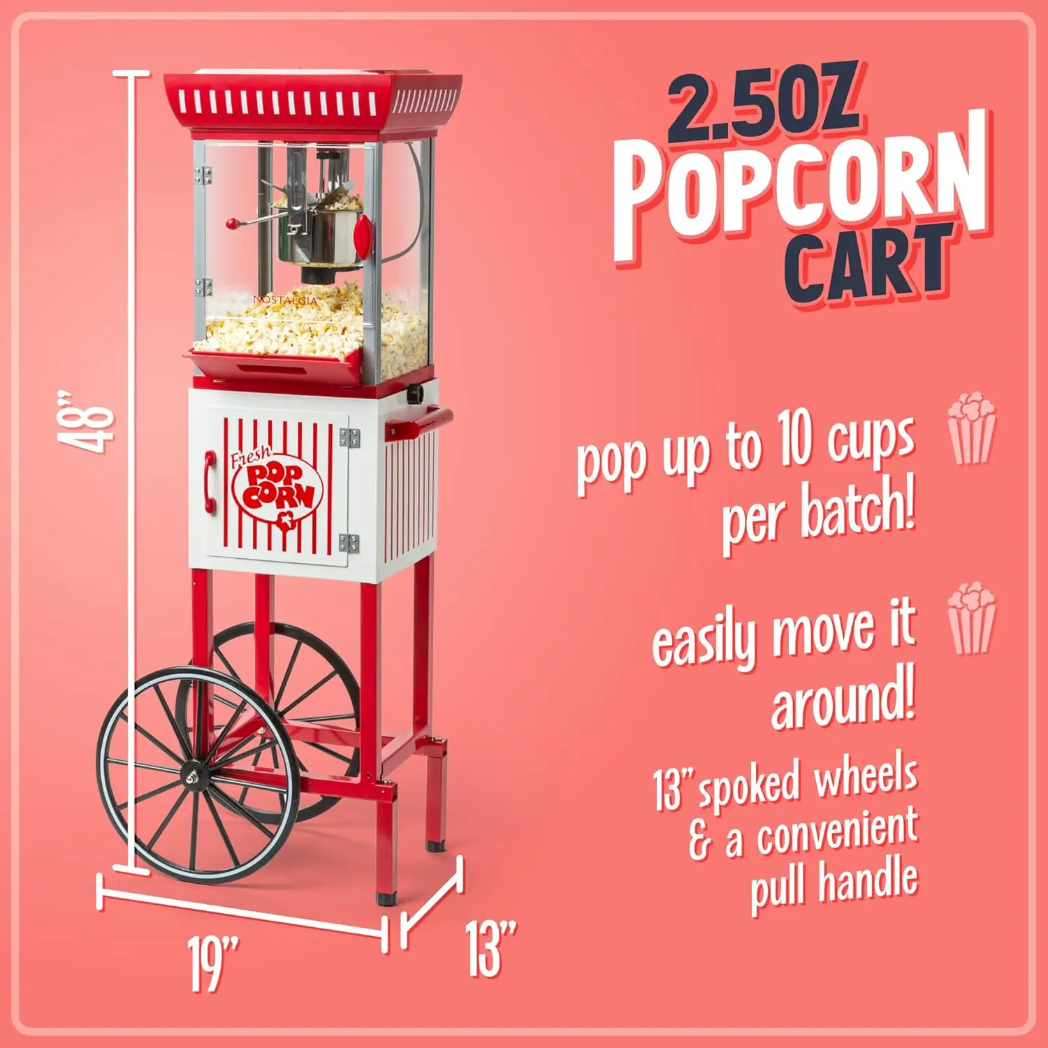 Popcorn Maker Machine-Professional Cart With 2.5 Oz Kettle Makes Up to 10 Cups-Vintage Popcorn Machine Movie Theat