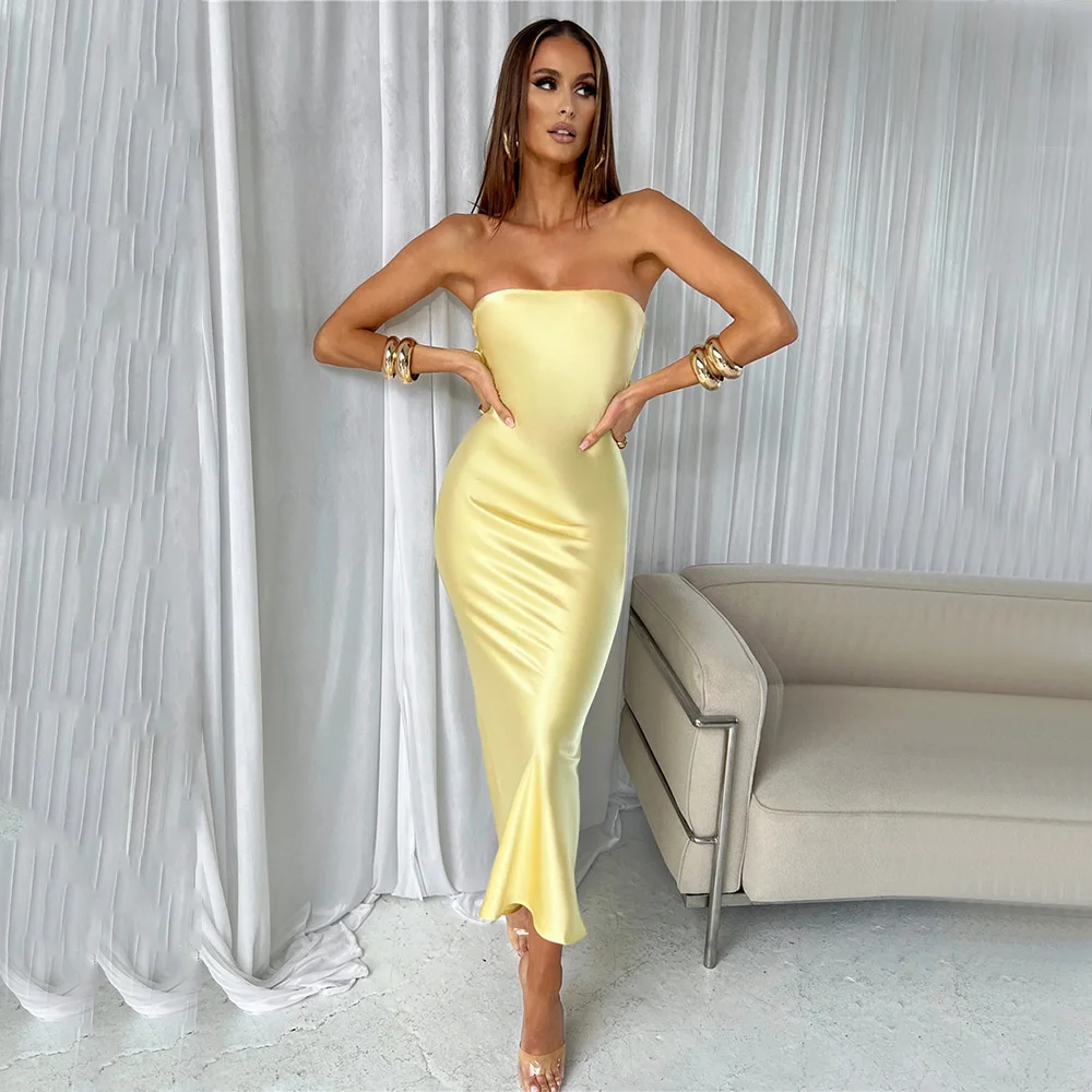 HUNXIU Sexy Strapless Cocktail Party Dress Yellow Backless Slim and Calf Length Women's Ball Banquet Custom Gowns Sleeveless