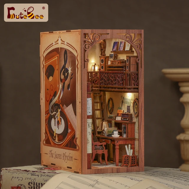 CUTEBEE Book Nook Miniature Doll House Kit With Touch Light Dust