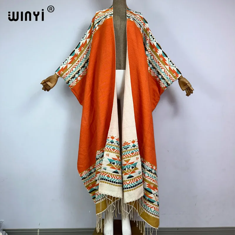 

WINYI Winter new cloak Women High Quality poncho tassels Luxury Long Loose OverCoat Thick Warm Female long down coat jacket