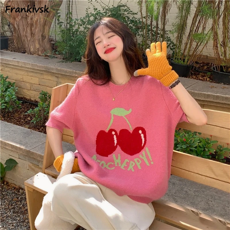 

Sweaters Women Cute All-match Hipster Cherry Pattern Temperament Knitwear Sweet Aesthetic Youthful Vitality Half Sleeve Summer