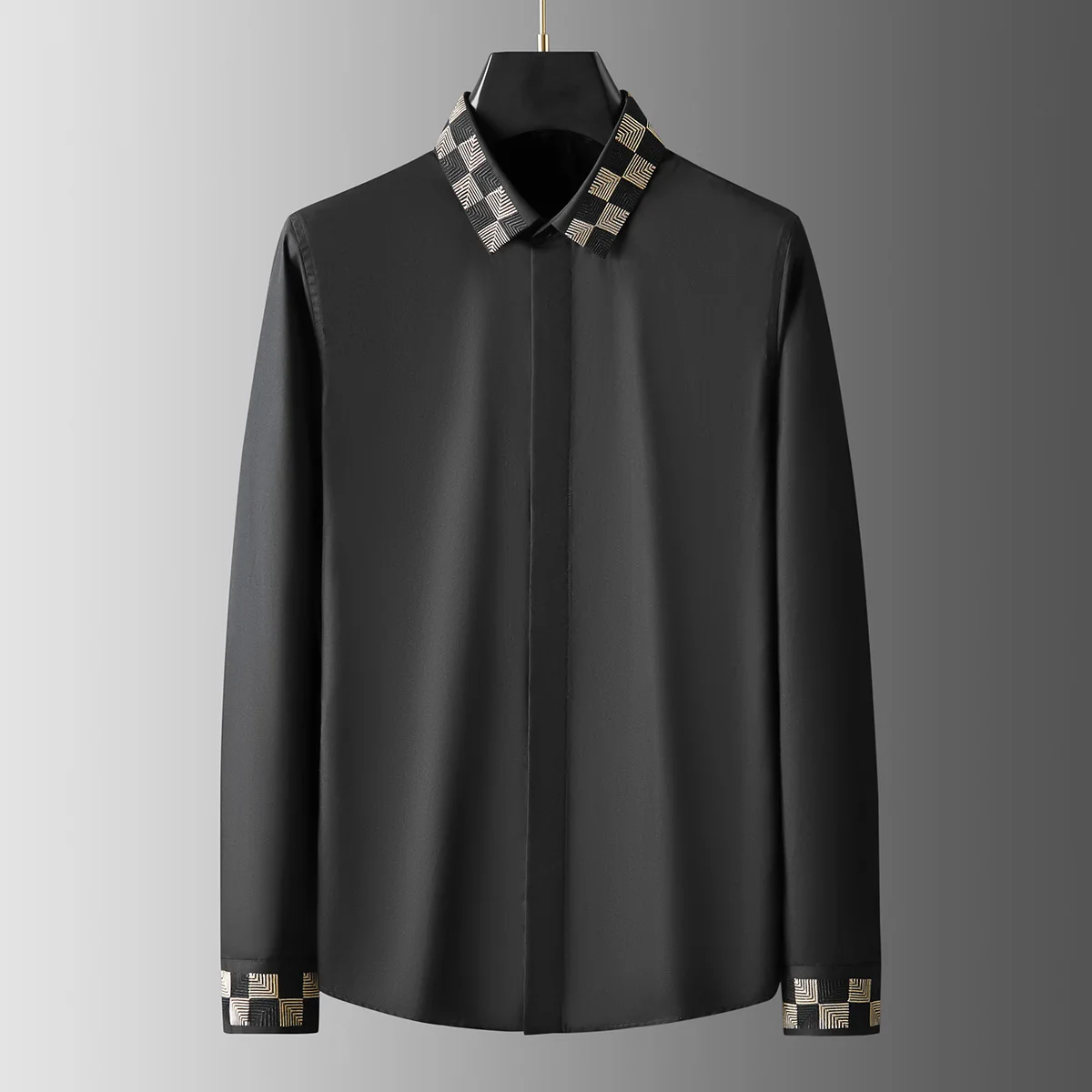 

Trendy collar cuff panels panel embroidery men's long-sleeved shirt casual men's fashion high-end black and white shirt