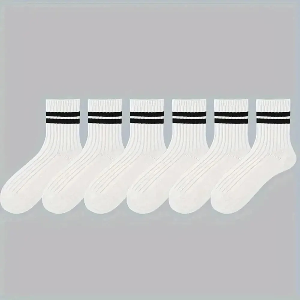 Chaussettes mi-tube respirantes à rayures noires et blanches pour hommes, chaussettes décontractées simples, chaussettes à col rond, haute qualité, printemps, automne, 6 paires