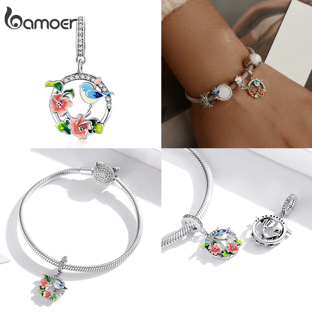 Silver pendant 925 Sterling Silver Colorful Birds Flowers Leaves CZ Pendant Spring Charm fit Original Bracelet Jewelry Accessories DIY