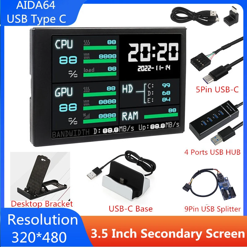 Usb Tipo-c Ips Tela Secundária Aida64 Lcd Cpu Gpu Monitoramento de Ram Display Sub-screen para Computador Laptop 35