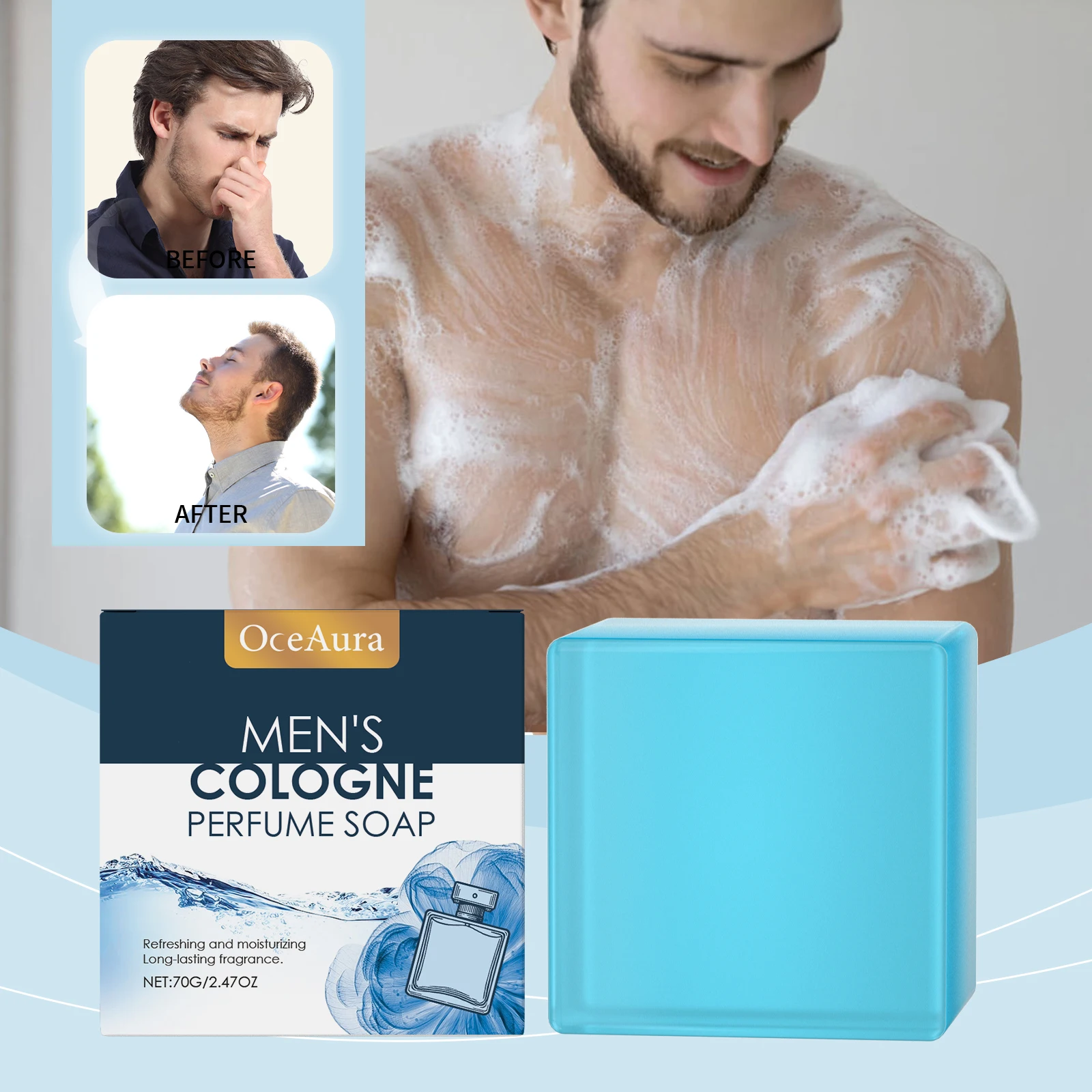OceAura Men's Perfume Bath Soap Gentle Cleansing Body Skin Refreshing Non-oily Comfort Care Soap Cool Texture 70g