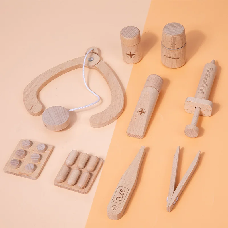 Wooden Pretend Play Toy Makeup Kit Cosmetic Bag Doctor Imitation Game Tool Set Toys for Girls and Boys Interest Development Gift 2