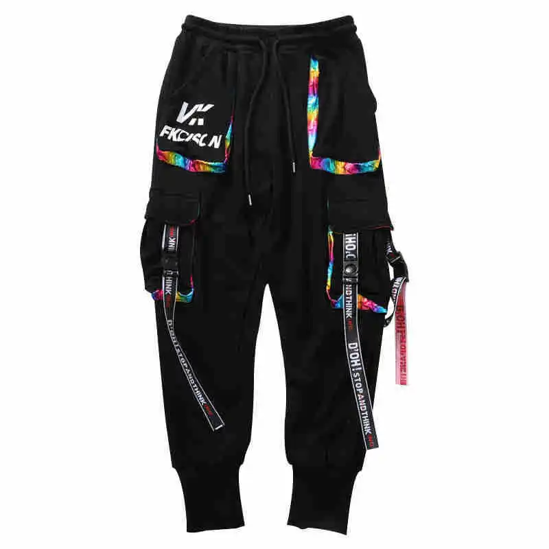 Hip Hop Joggers Men Letter Ribbons Cargo Pants Pockets Track Tactical Casual Techwear Trousers Sweatpants Streetwear,men trousers