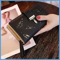 Ladies' PU hollow leaf handbag with card holder and mobile phone pocket, zipper buckle wallet