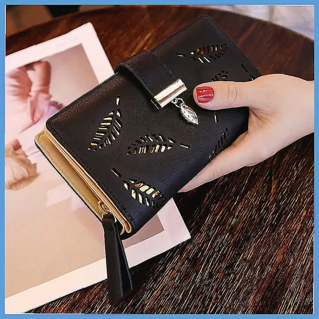Ladies' PU hollow leaf handbag with card holder and mobile phone pocket, zipper buckle wallet