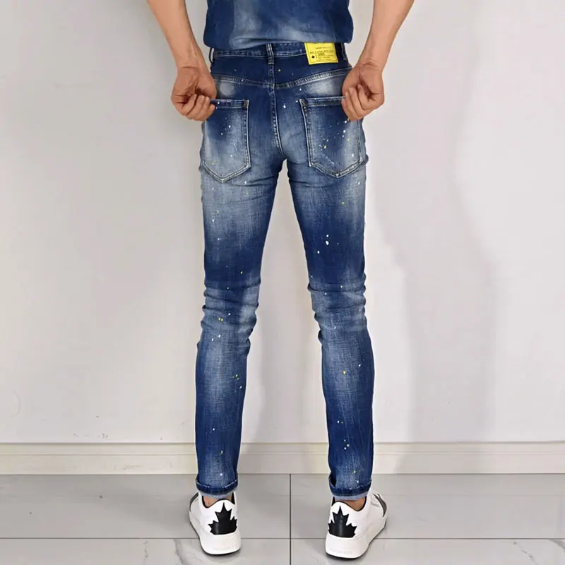 Street Fashion Men Jeans Retro Blue High Quality Elastic Skinny Fit Ripped Jeans Men Patched Designer Hip Hop Brand Pants Hombre