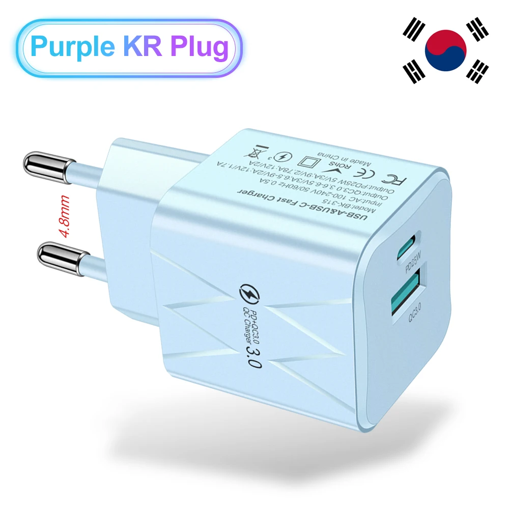 25W PD USB C Fast Charger for iPhone 15 Pro Max Xiaomi 14 Oneplus KR EU US Mini 2 Ports Travel Plug Phone Fast Charging Adapter