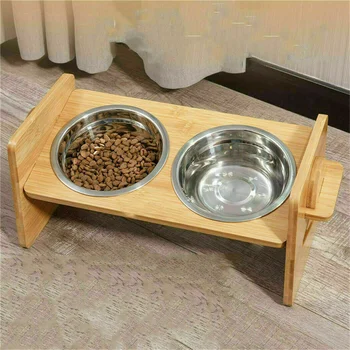 Elevated Dog Bowls with Stand Raised Dog Bowls 4 Heights Adjustable Dog Bowls Bamboo Dog Feeding Station 2 Stainless Steel Bowls 2
